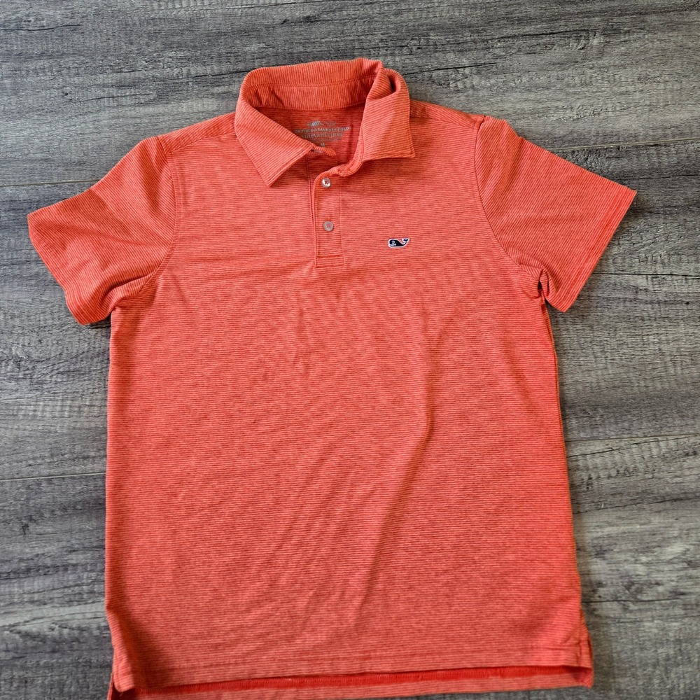 Vineyard Vines Boys Orange Sankaty Performance Polo Shirt Size M 12-14 Striped
